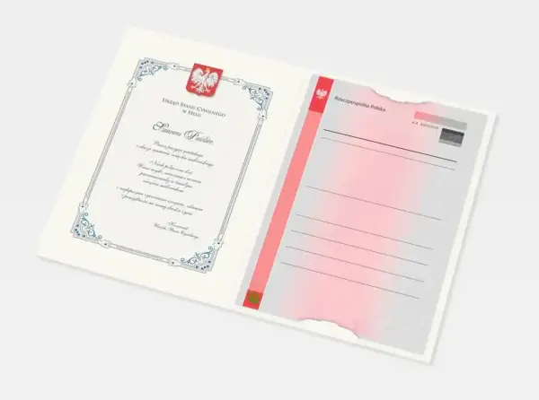 Dokument Urzędu Stanu Cywilnego z gratulacjami z okazji zawarcia związku małżeńskiego. Wpis o stanie cywilnym.